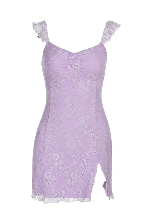 Ruffle Sleeve Purple Lace Short Dress with Slit