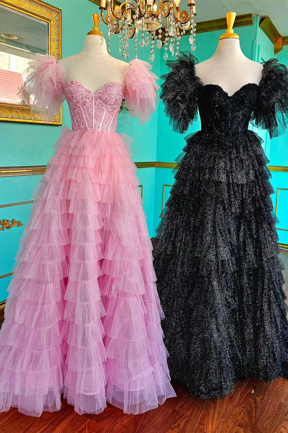 Ruffle Sleeves Pink Appliques Tiered Long Dress with Slit