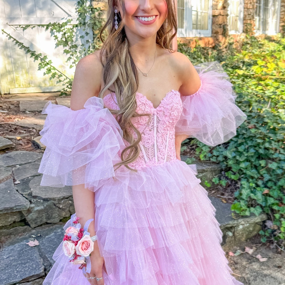 
                      
                        Ruffle Sleeves Pink Appliques Tiered Long Dress with Slit
                      
                    