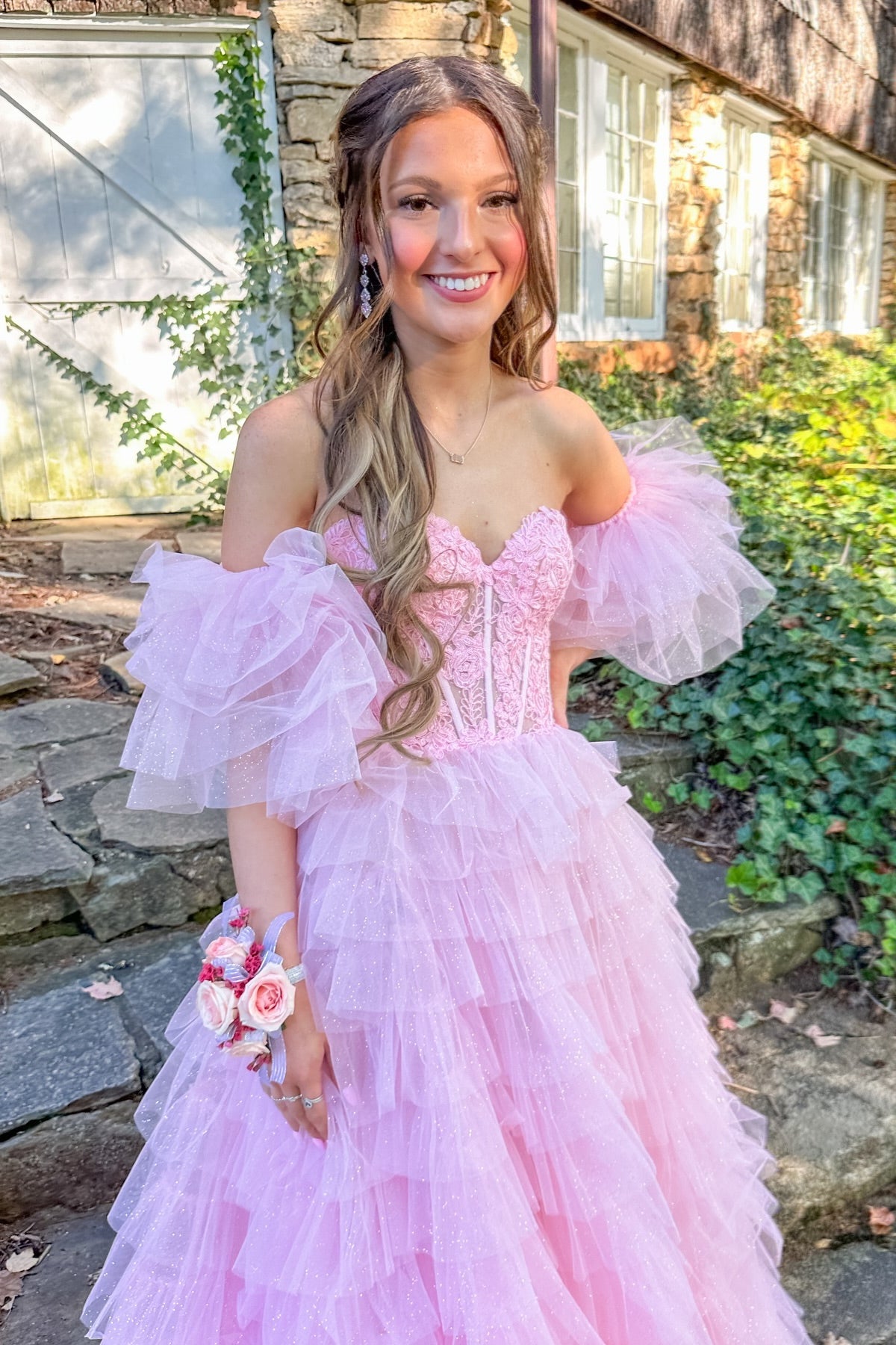 Ruffle Sleeves Pink Appliques Tiered Long Dress with Slit