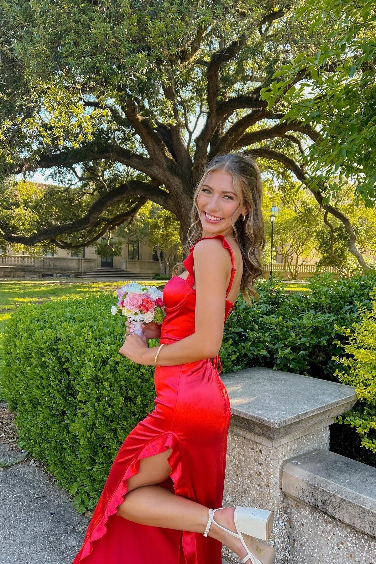 Ruffle Straps Navy Blue Long Dress with Slit