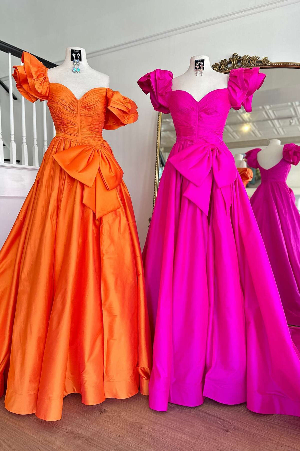 Ruffled Sleeves Fuchsia A-line Long Dress with Slit