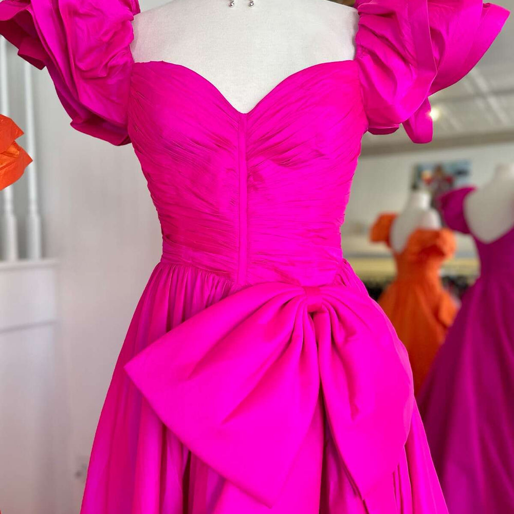 
                      
                        Ruffled Sleeves Fuchsia A-line Long Dress with Slit
                      
                    