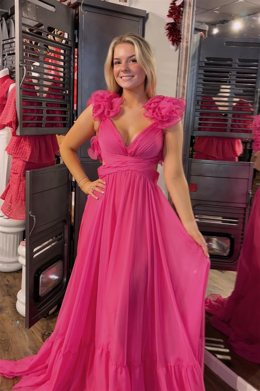 Ruffled Sleeves Pink A-line Long Chiffon Dress