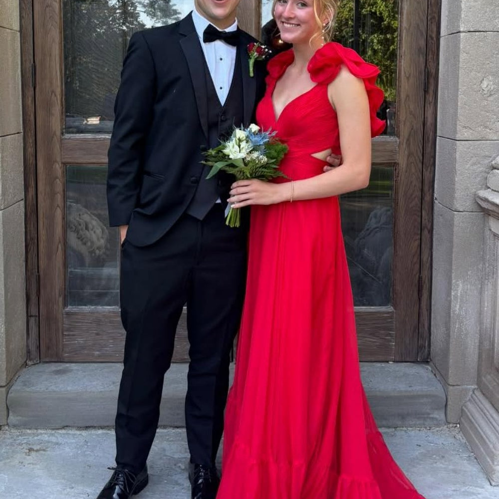 
                      
                        Ruffled Sleeves Pink A-line Long Chiffon Dress
                      
                    