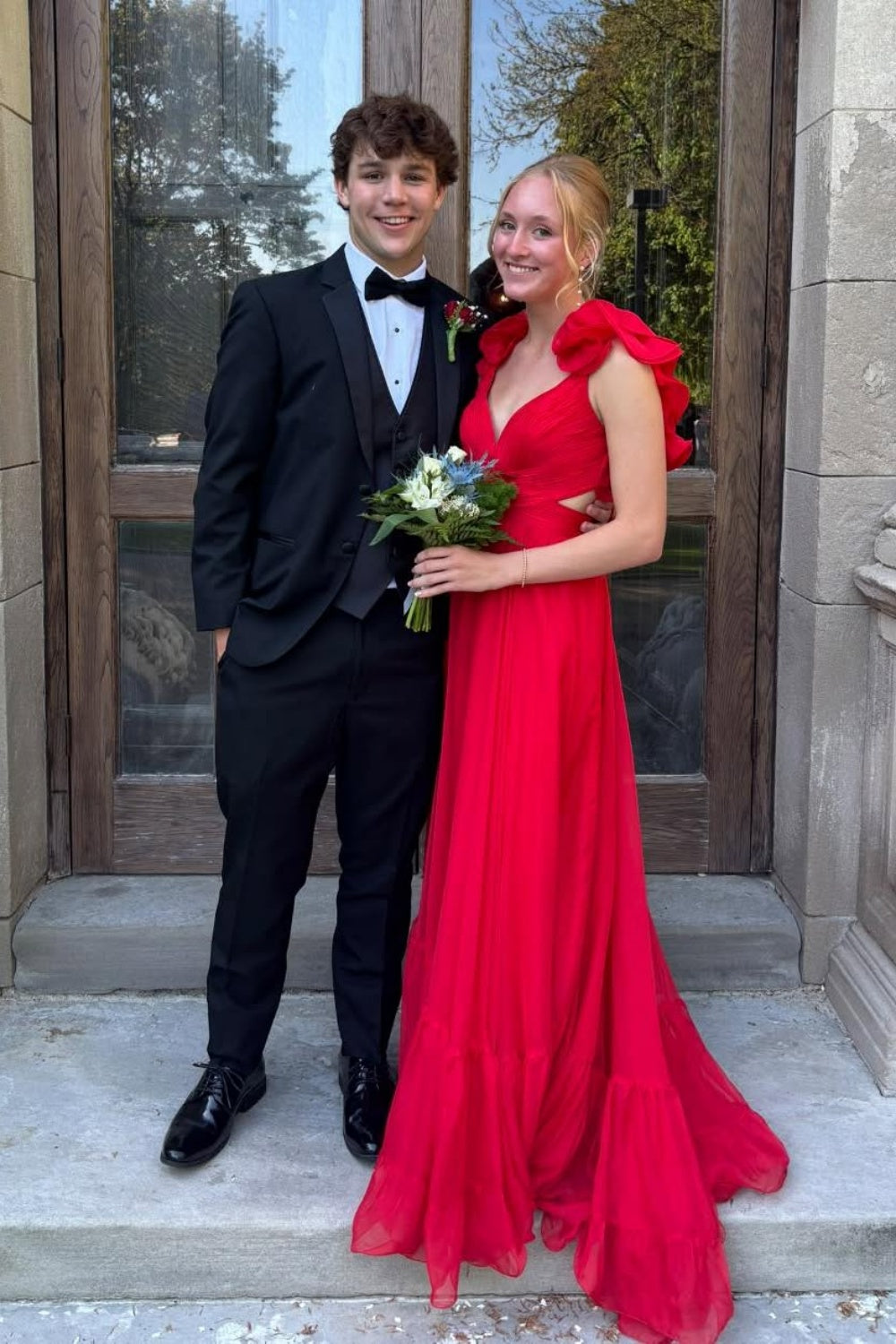 Ruffled Sleeves Pink A-line Long Chiffon Dress