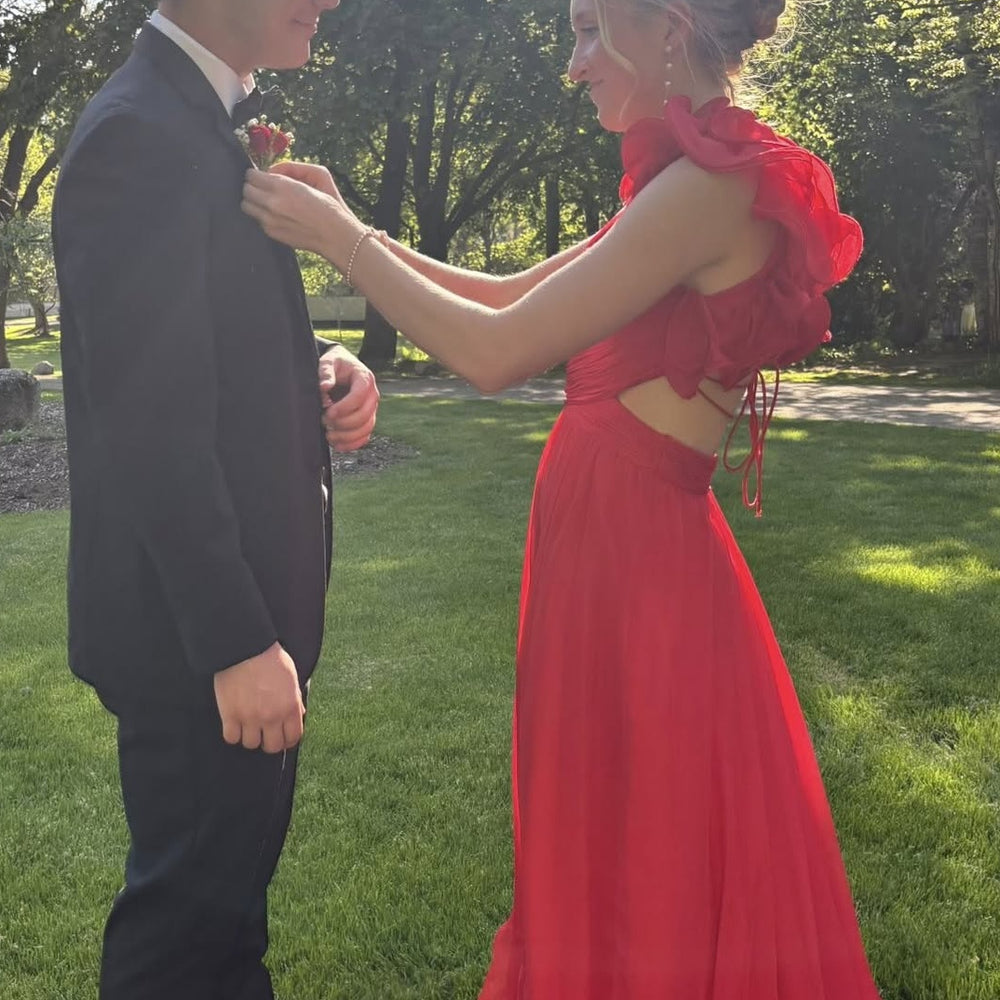 
                      
                        Ruffled Sleeves Pink A-line Long Chiffon Dress
                      
                    