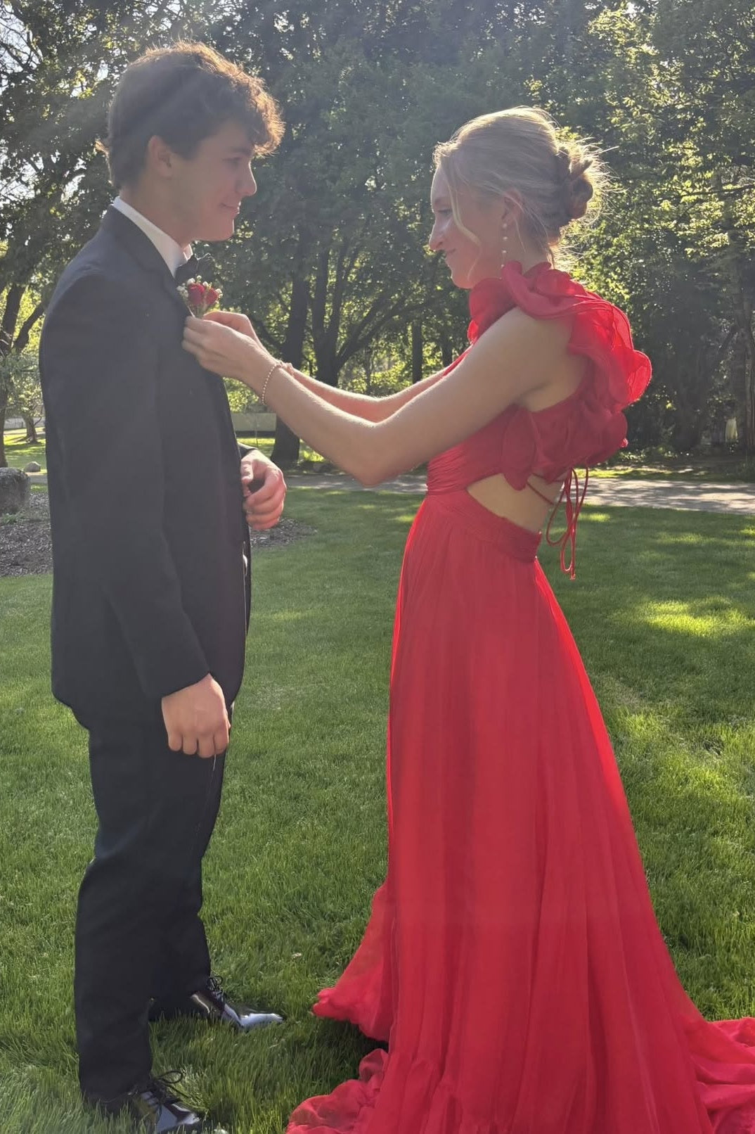 Ruffled Sleeves Pink A-line Long Chiffon Dress