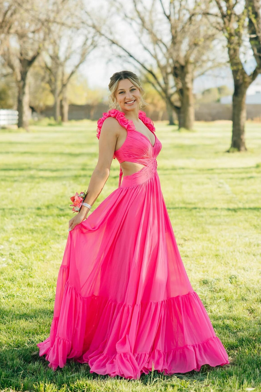 Ruffled Sleeves Pink A-line Long Chiffon Dress