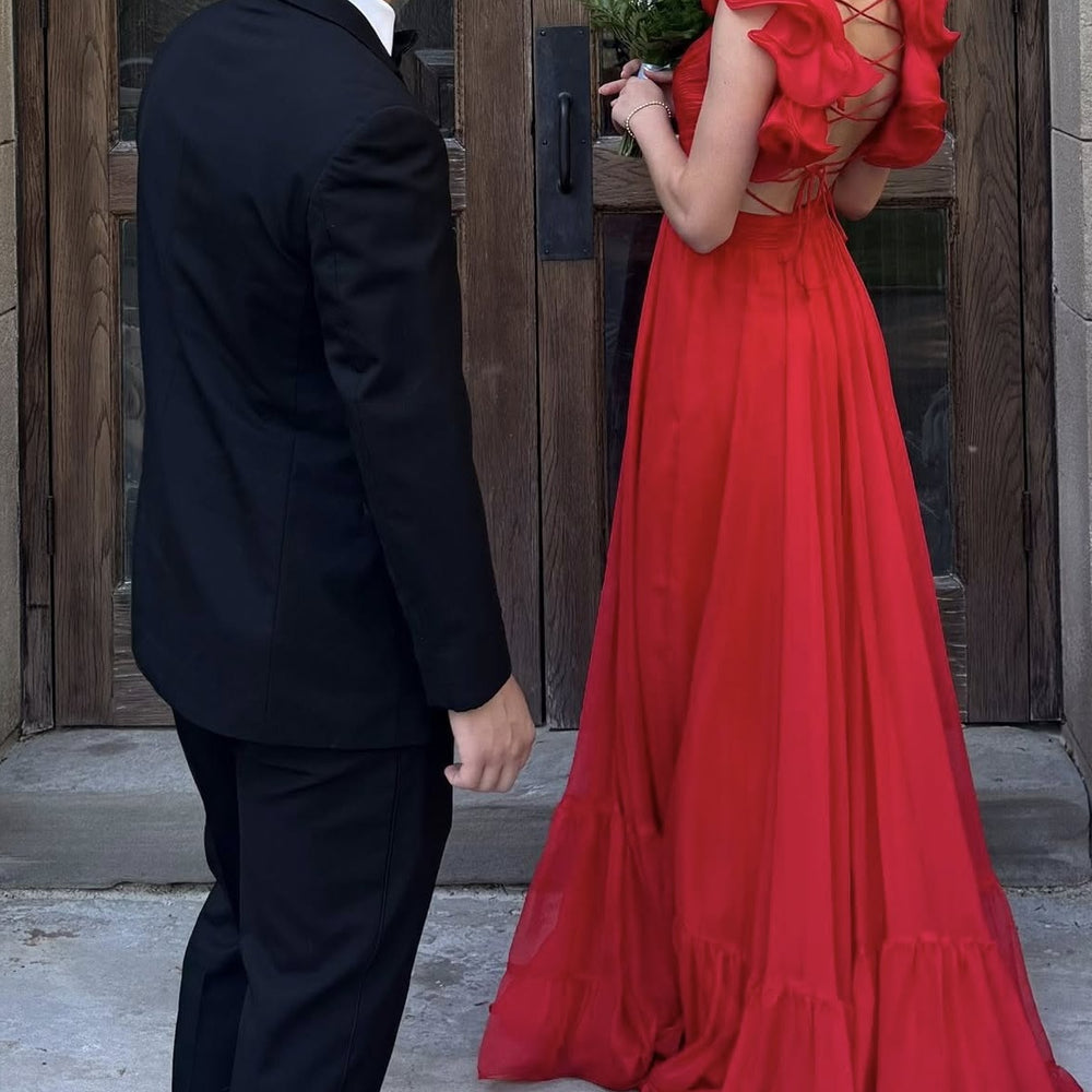 
                      
                        Ruffled Sleeves Pink A-line Long Chiffon Dress
                      
                    