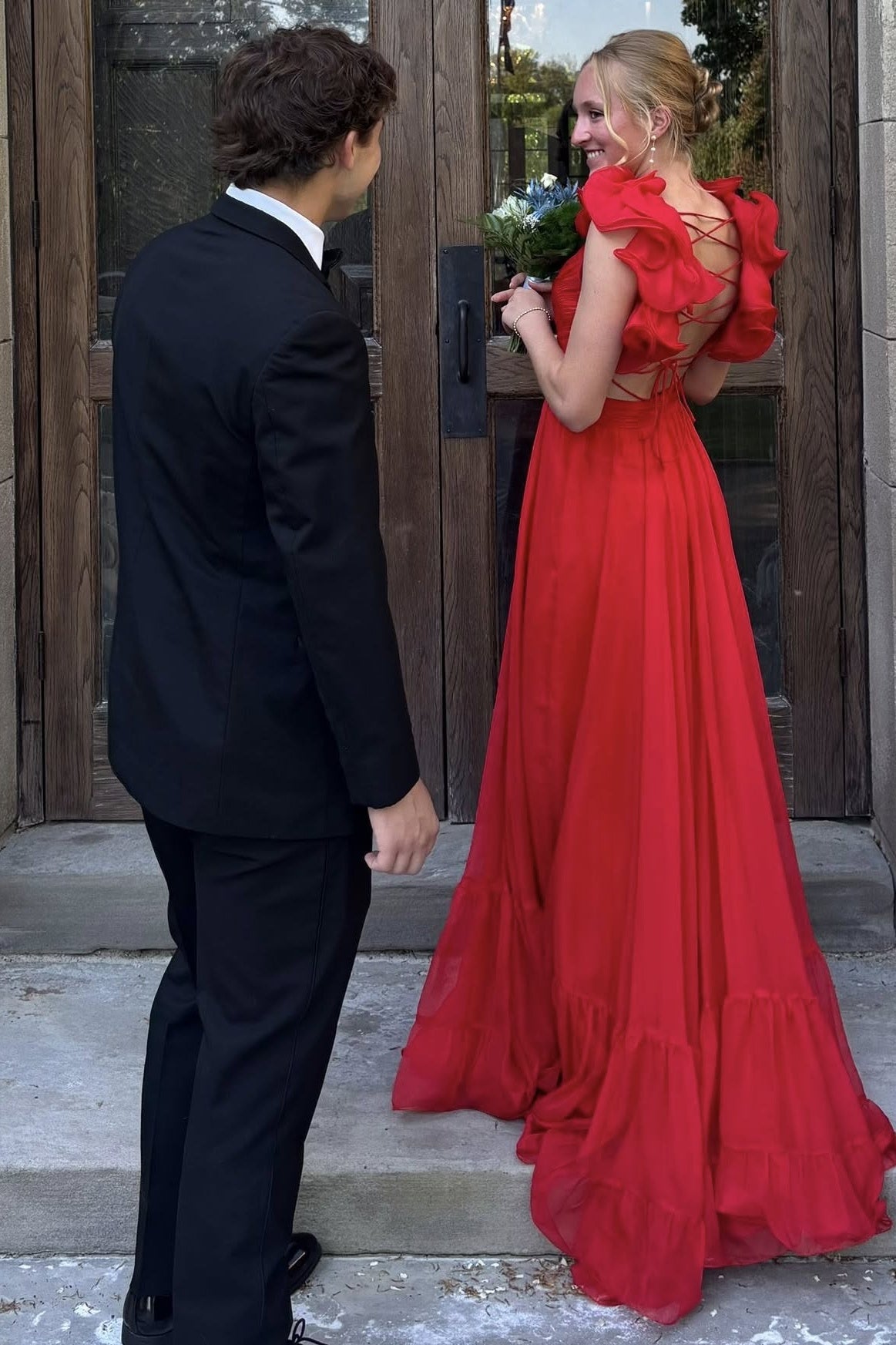 Ruffled Sleeves Pink A-line Long Chiffon Dress