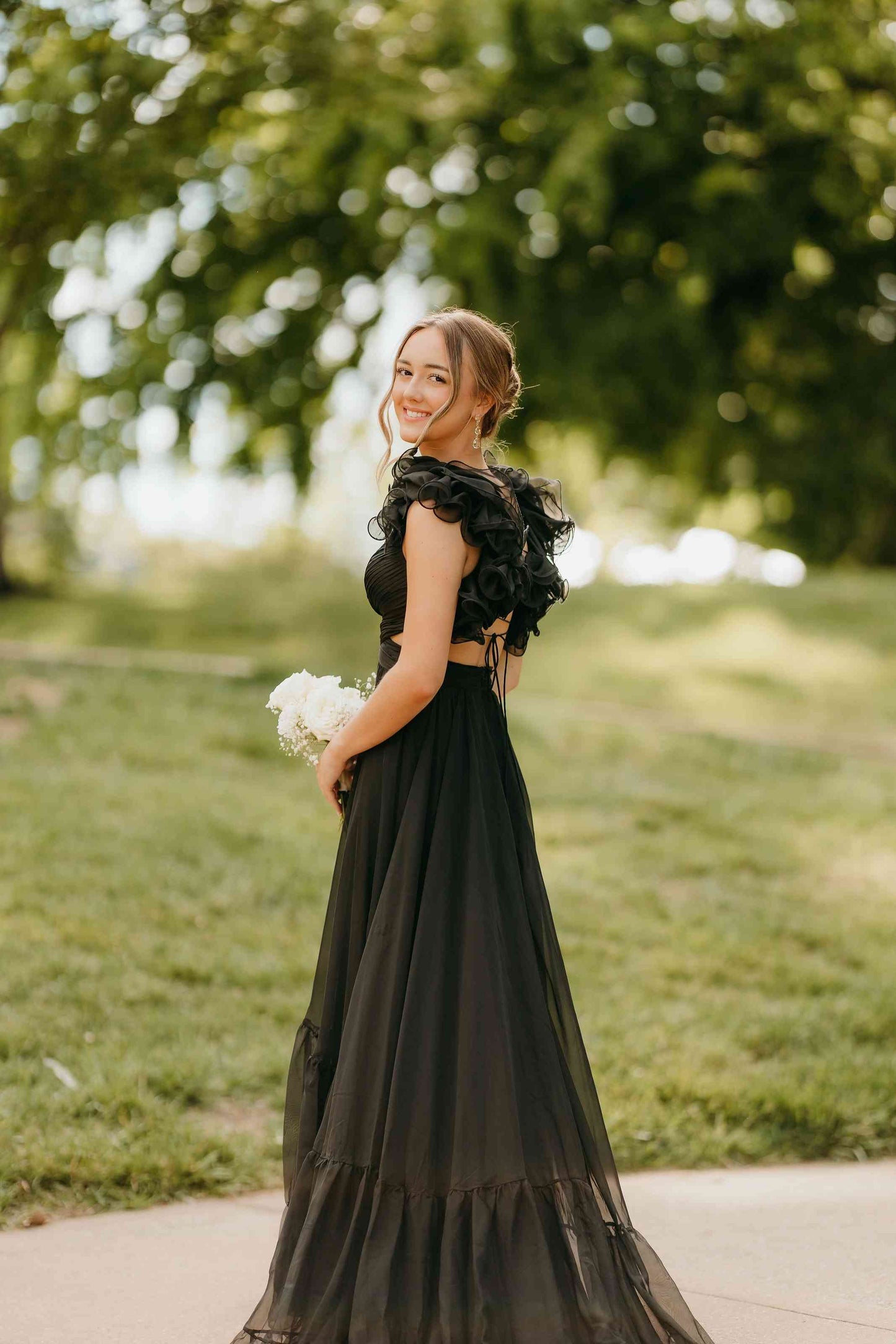Ruffled Sleeves Pink A-line Long Chiffon Dress
