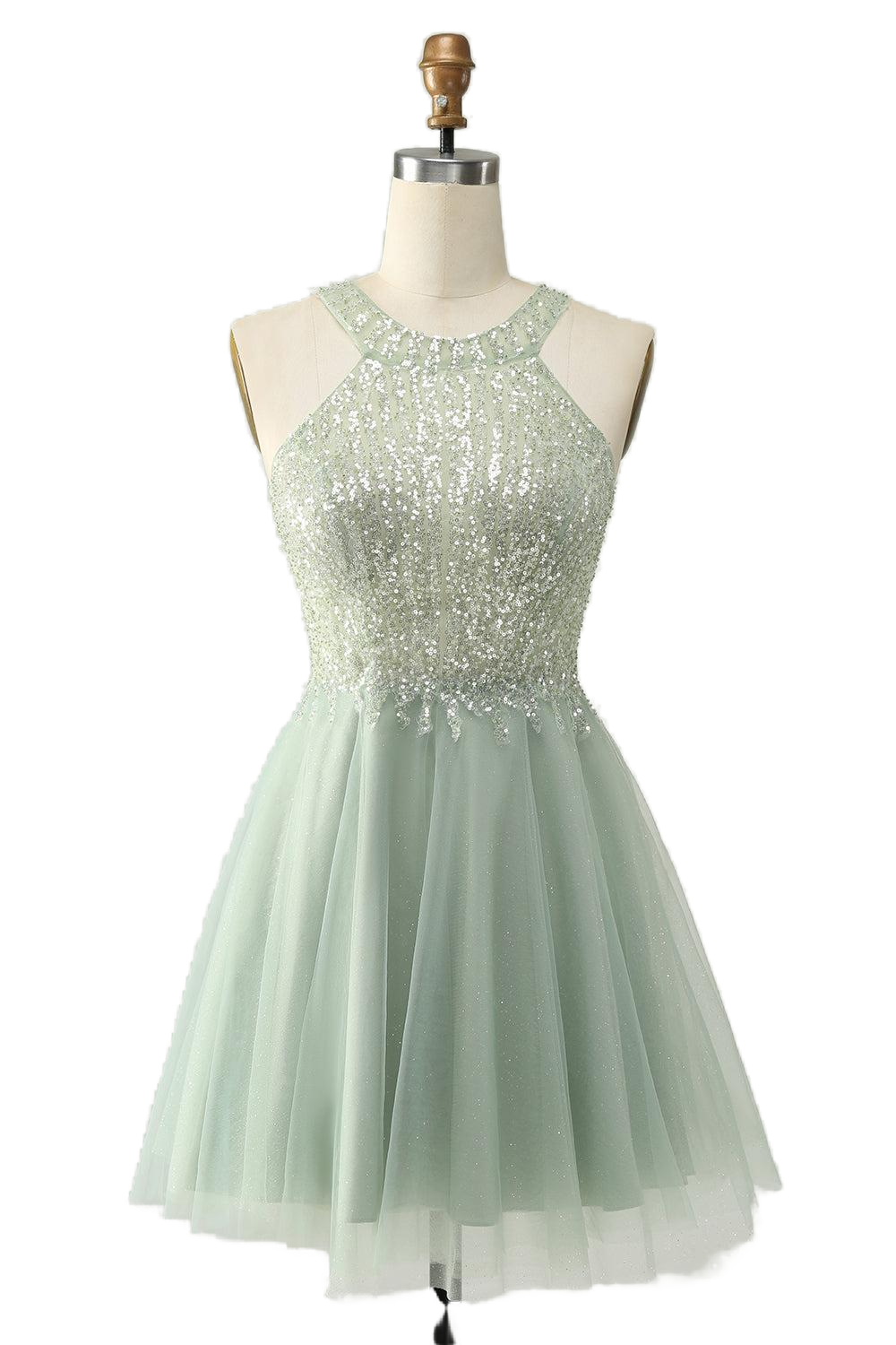 Sage Green Sequin A-line Short Homecoming Dress