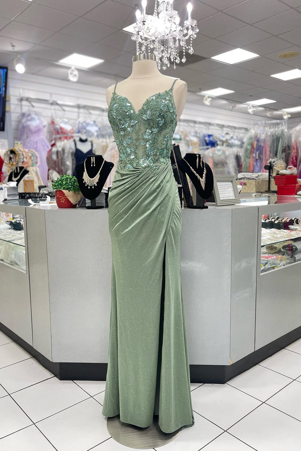 Sage Green Lace Appliques Mermaid Long Formal Dress