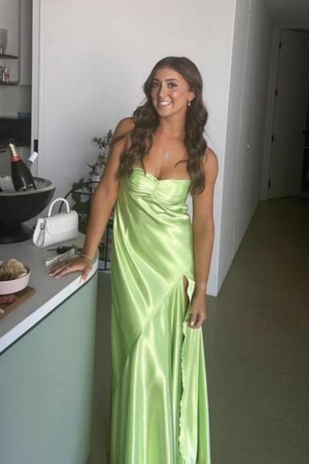 Spaghetti Straps Yellow Ruched Long Dress with Slit
