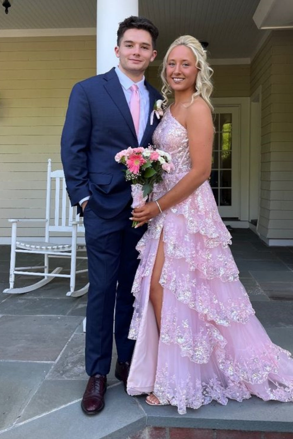 One Shoulder Light Blue Ruffle Long Formal Dress
