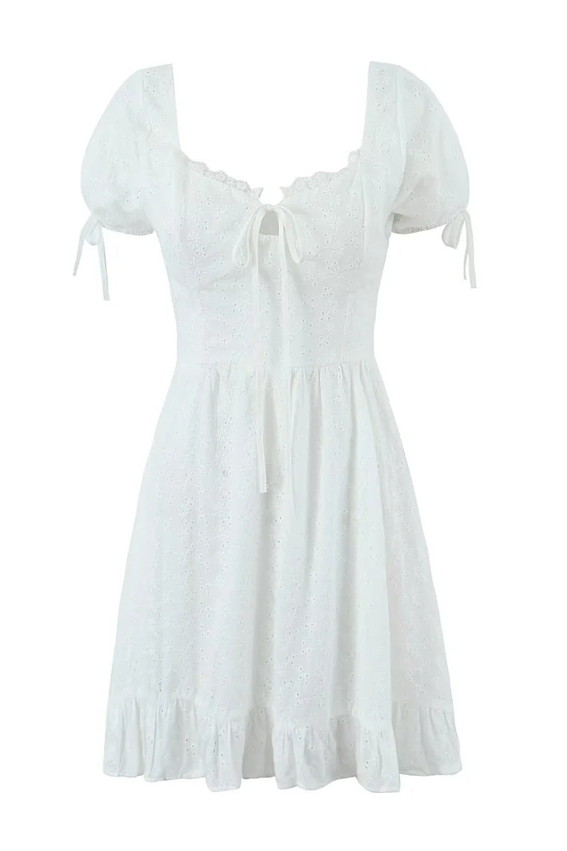 Short Sleeves White Embroidery A-line Short Dress