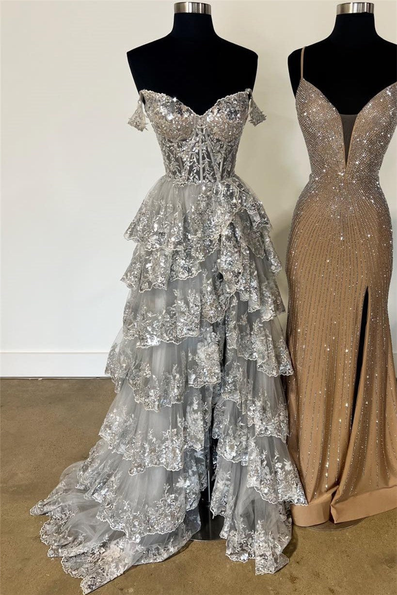 Off the Shoulder Lavender Ruffles Sequin Long Dress