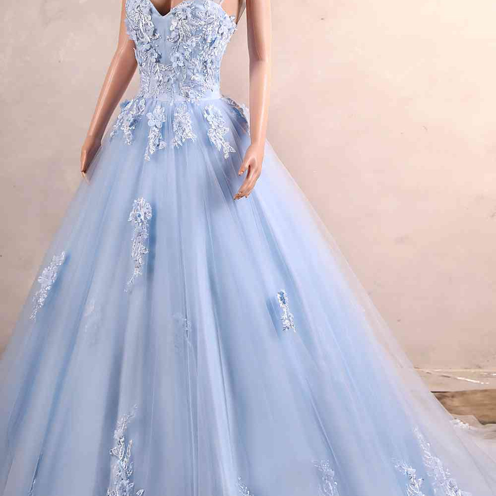 
                      
                        Sky Blue 3D Floral  A-line Long Prom Dress
                      
                    