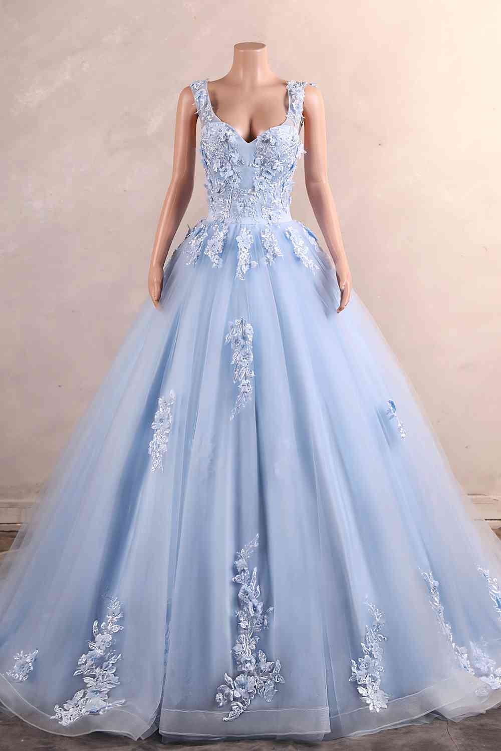 Sky Blue 3D Floral  A-line Long Prom Dress