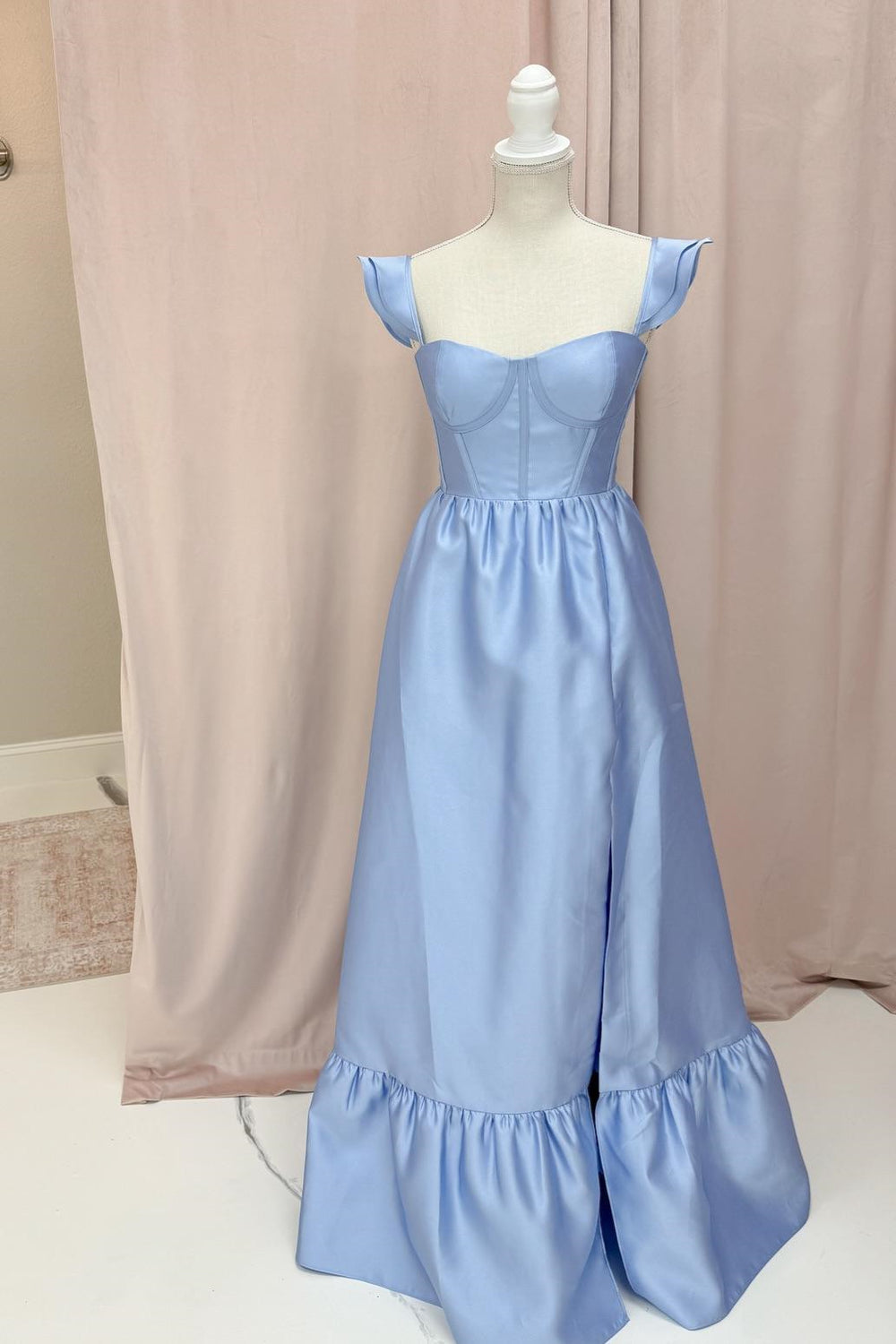 Sky Blue Ruffle A-line Bridesmaid Dress with Slit