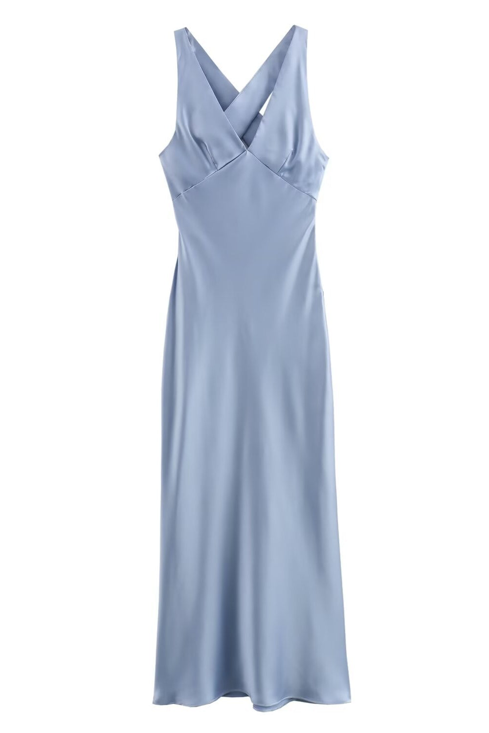 Sleevless Blue Plunge Neck Satin Long Dress