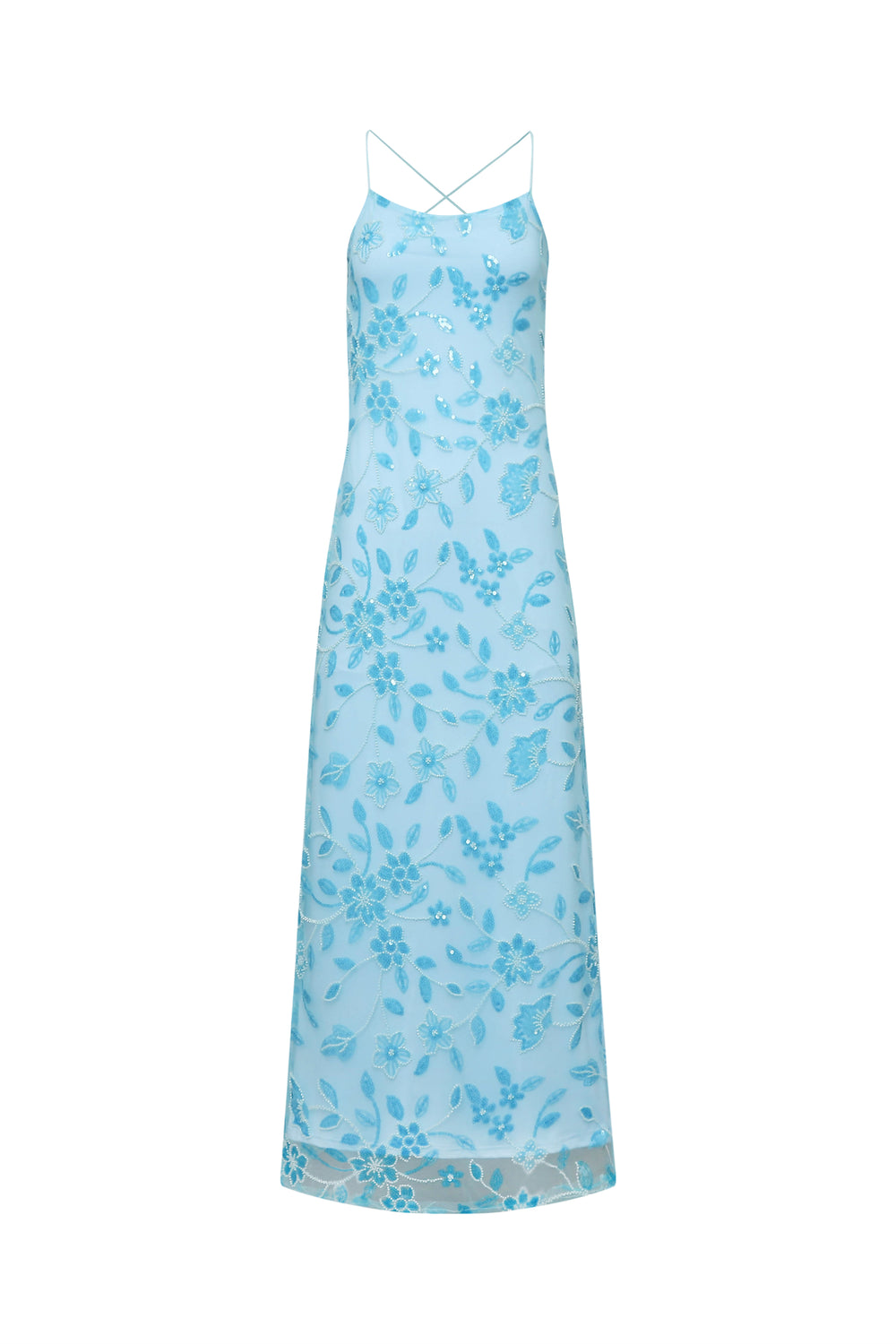 Spaghetti Straps Blue Floral Beaded Long Dress with Slit