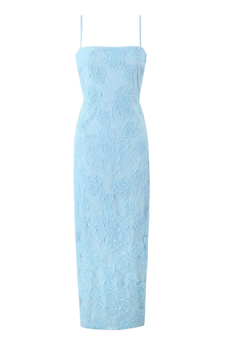 Spaghetti Straps Blue Floral Lace Long Dress