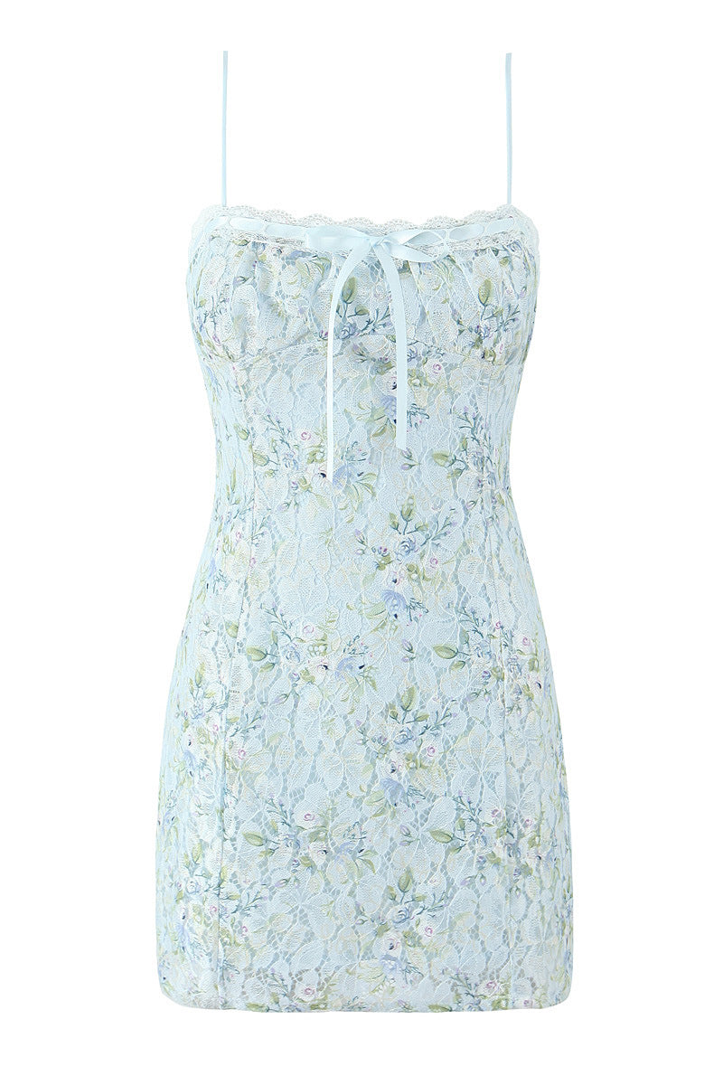 Spaghetti Straps Blue Floral Print Lace Short Dress