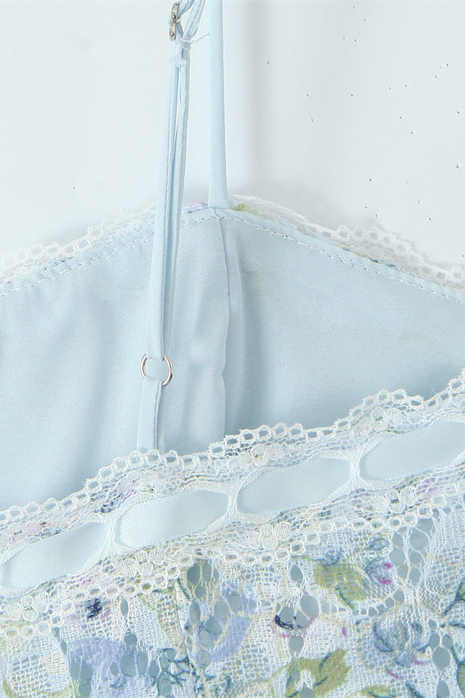 
                      
                        Spaghetti Straps Blue Floral Print Lace Short Dress
                      
                    