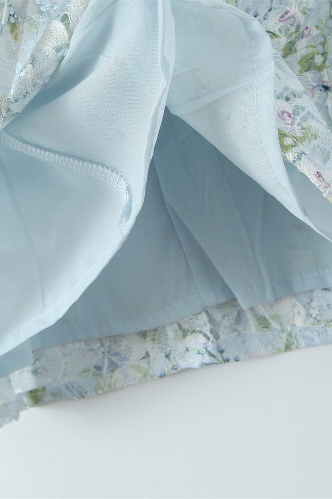 
                      
                        Spaghetti Straps Blue Floral Print Lace Short Dress
                      
                    