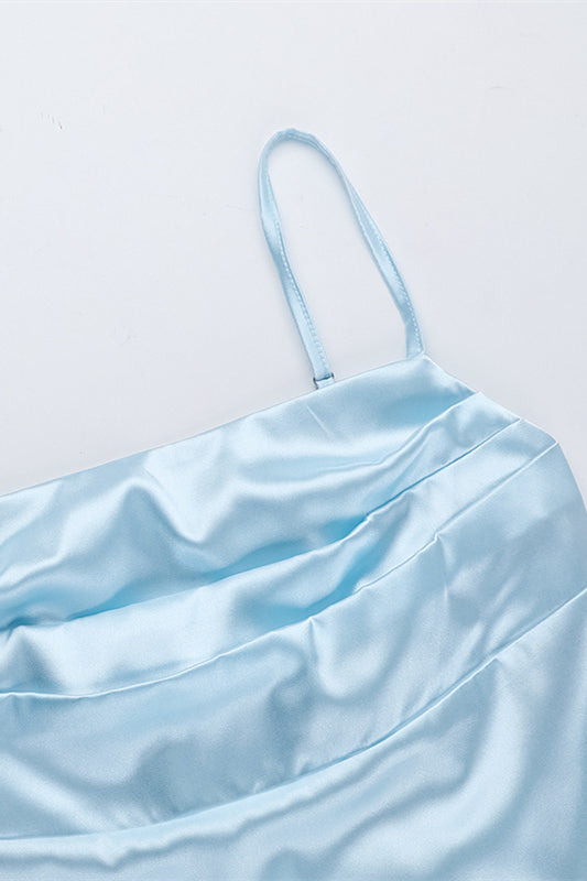 
                      
                        Spaghetti Straps Blue Ruched Bodycon Short Dress
                      
                    