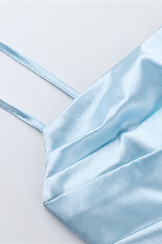 
                      
                        Spaghetti Straps Blue Ruched Bodycon Short Dress
                      
                    