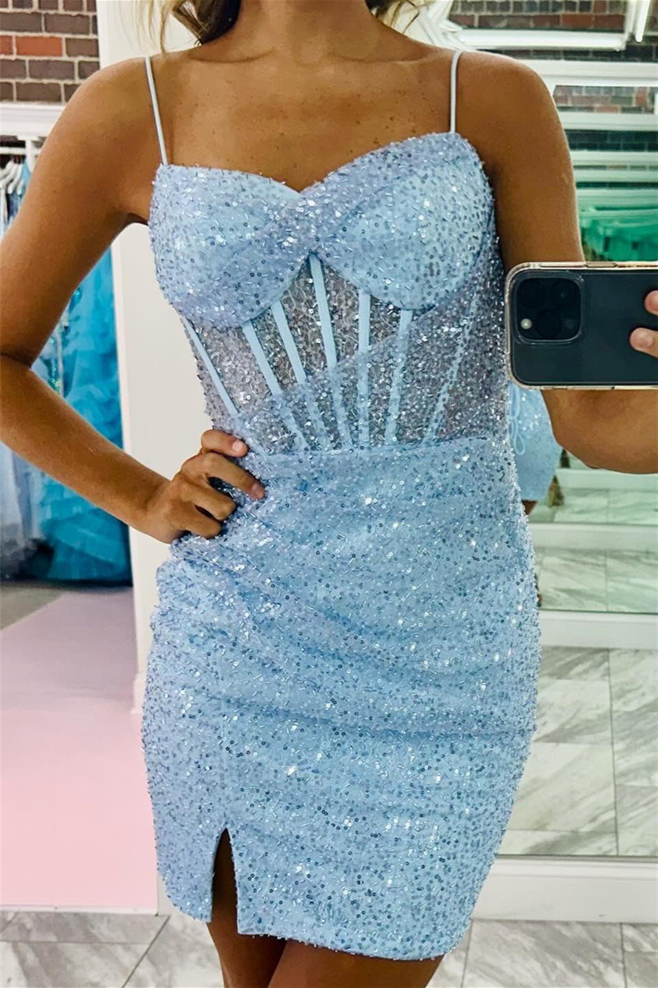 Spaghetti Straps Blue Sequin Bodycon Short Dress