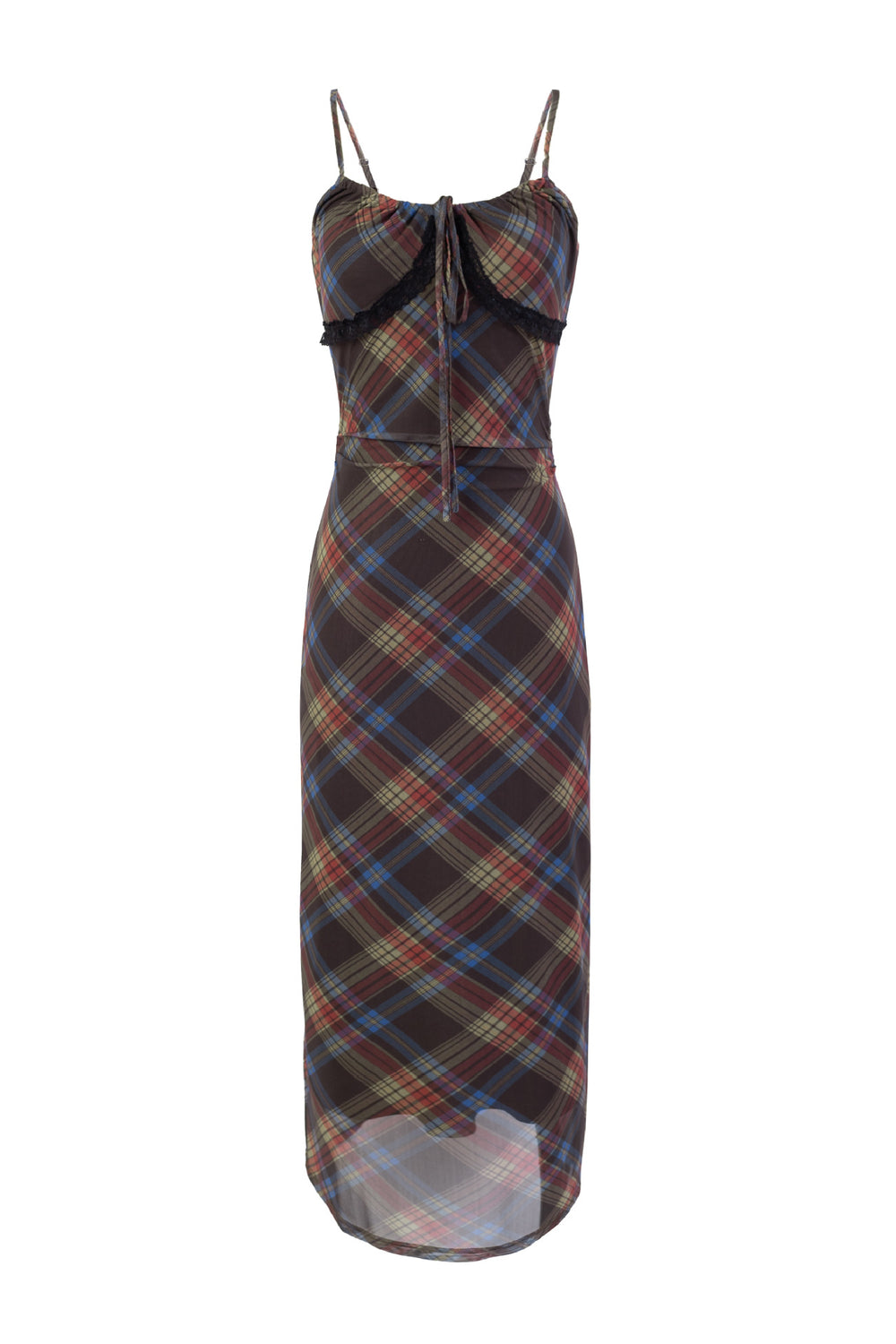 Spaghetti Straps Brown Plaid Sheath Long Dress