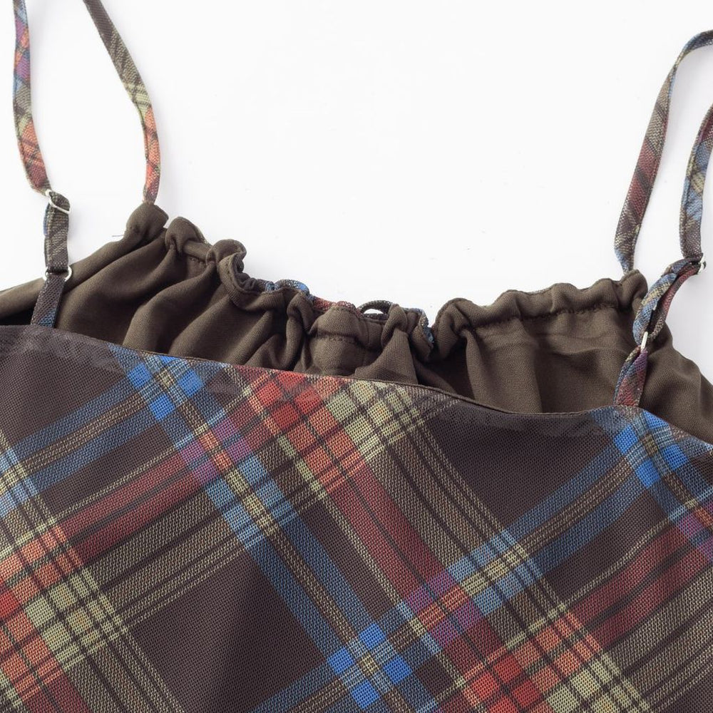 
                      
                        Spaghetti Straps Brown Plaid Sheath Long Dress
                      
                    