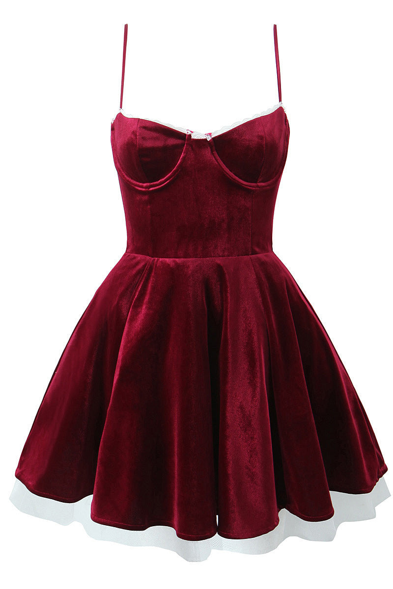 Spaghetti Straps Burgundy Velvet A-line Mini Dress