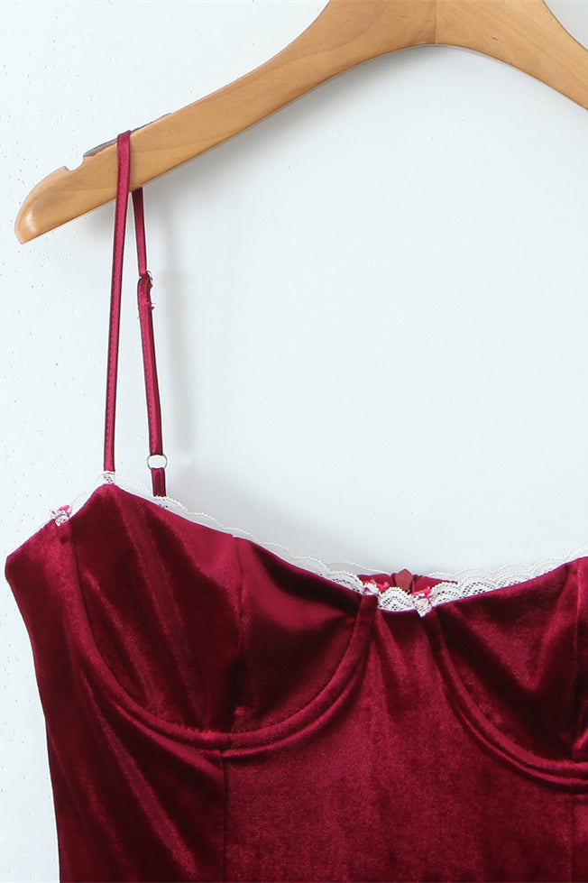 
                      
                        Spaghetti Straps Burgundy Velvet A-line Mini Dress
                      
                    