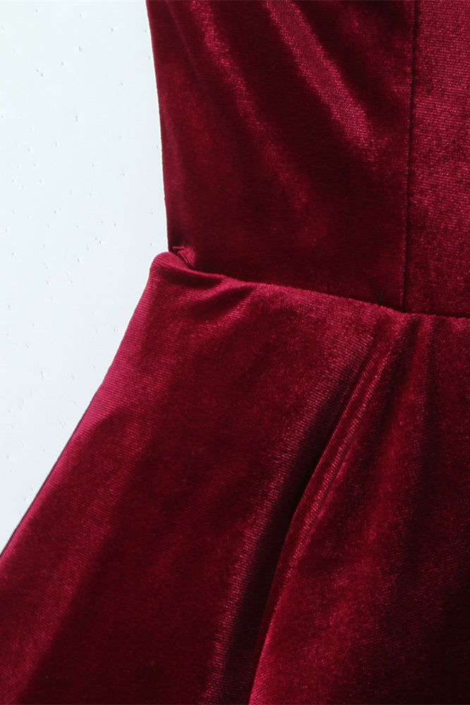 
                      
                        Spaghetti Straps Burgundy Velvet A-line Mini Dress
                      
                    