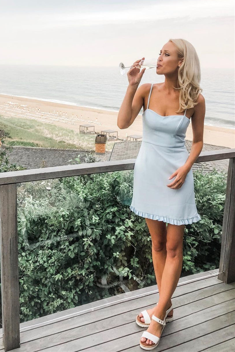 Spaghetti Straps Dusty Blue Ruffled Hem Short Dress