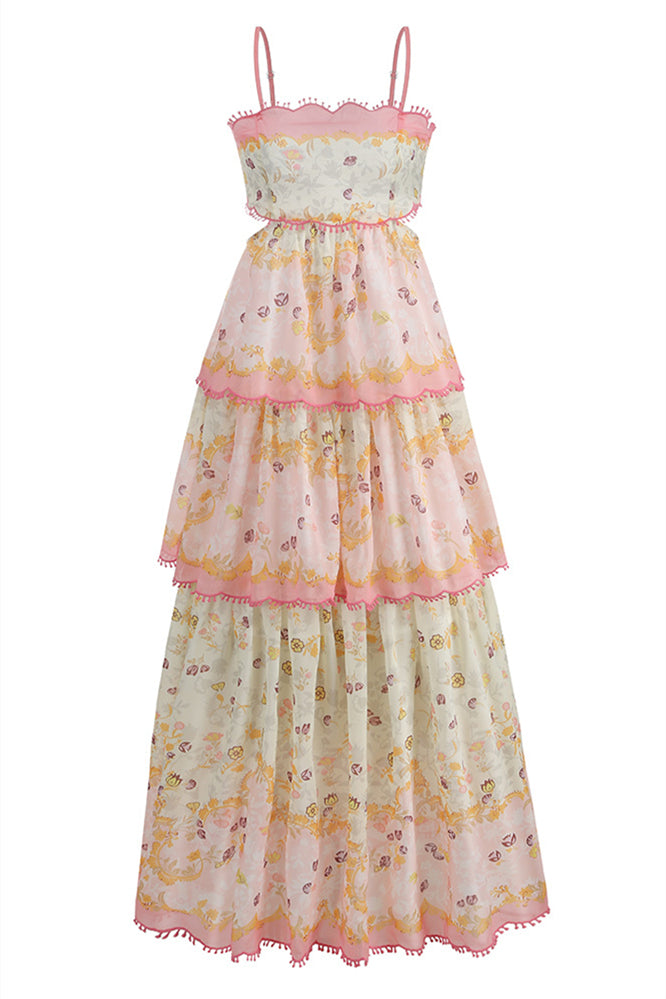 spaghetti strap dress floral Spaghetti Straps Floral Print Tiered Long Dress – PollyBoutique