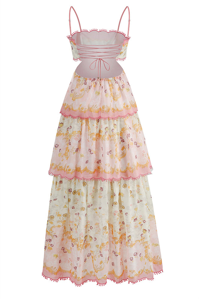 Spaghetti Straps Floral Print Tea Length Prom Dresses