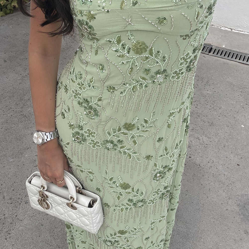 
                      
                        Spaghetti Straps Green Floral Beaded Long Dress
                      
                    