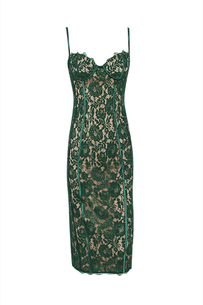 Spaghetti Straps Green Lace Sheath Long Dress