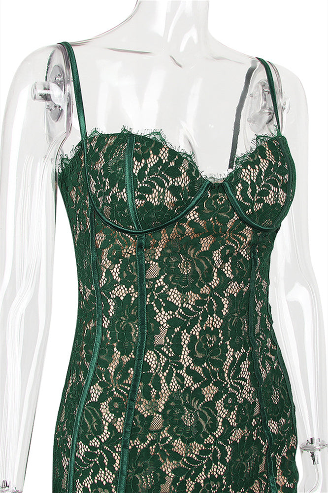 
                      
                        Spaghetti Straps Green Lace Sheath Long Dress
                      
                    