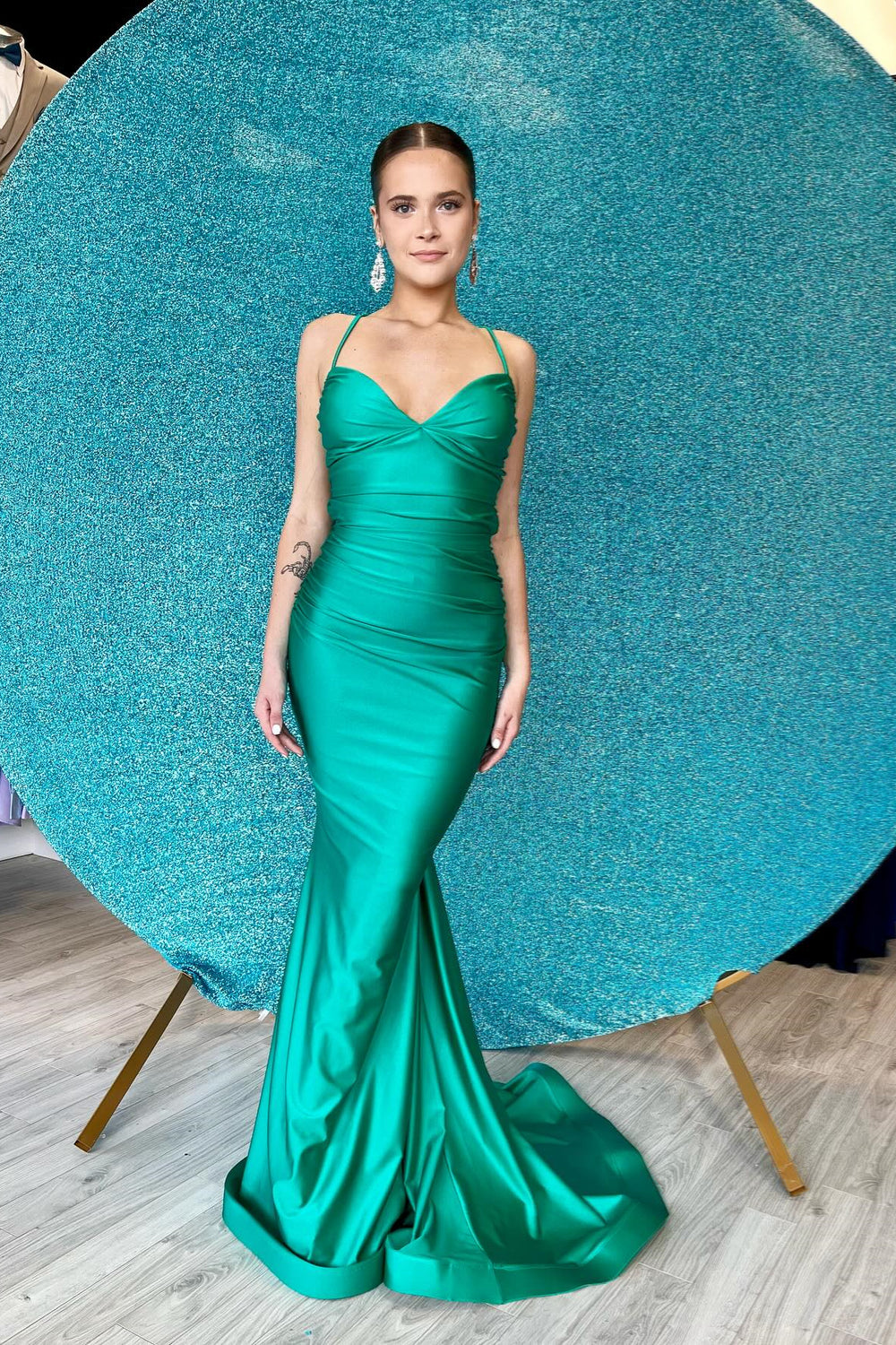 Spaghetti Straps Green Ruched Mermaid Long Dress