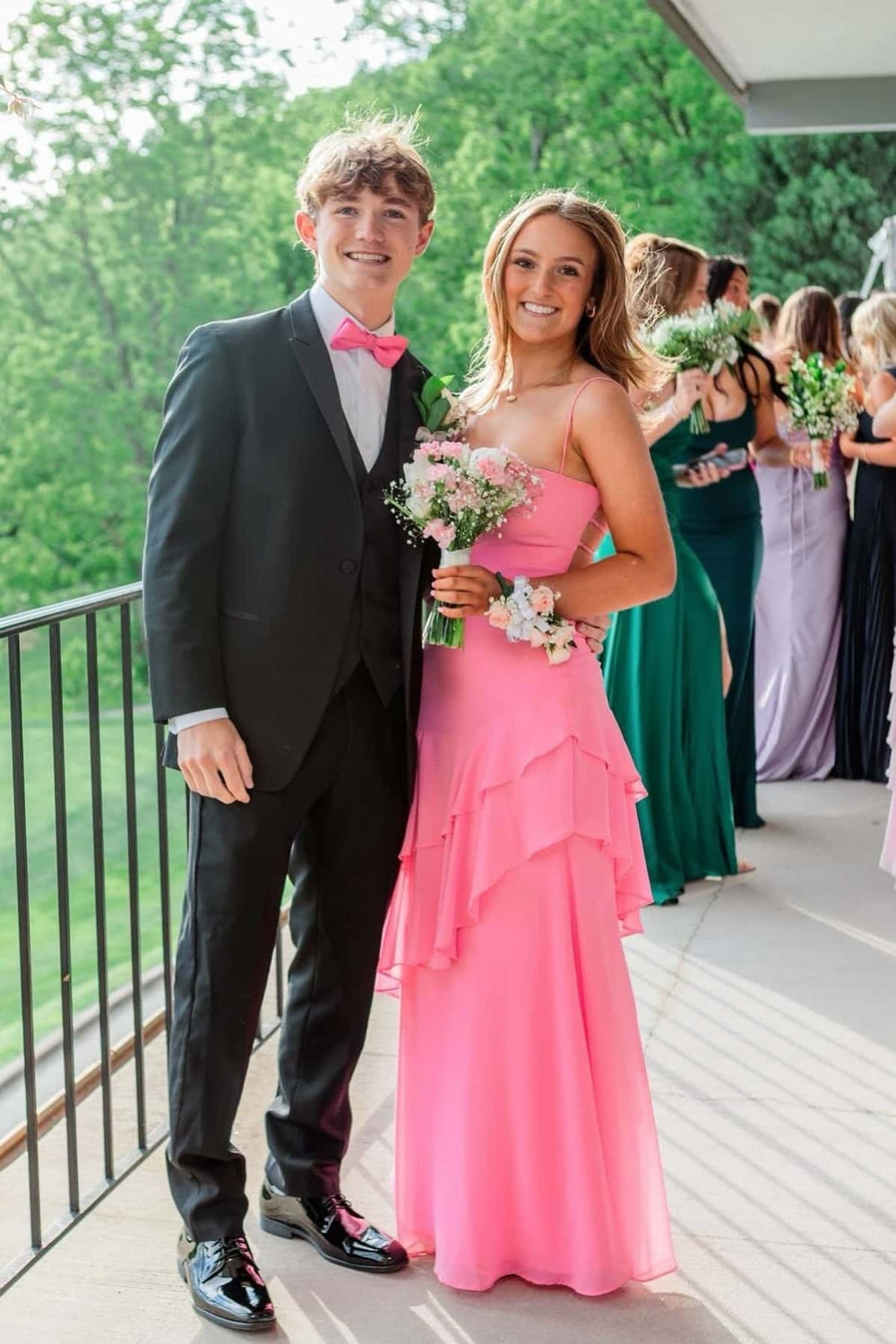 Spaghetti Straps Hot Pink Ruffled Hem Long Dress