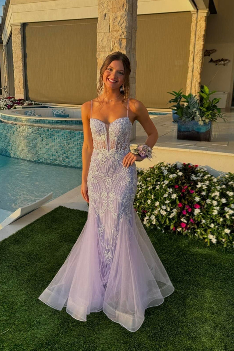 Spaghetti Straps Lilac Embroidery Mermaid Long Dress