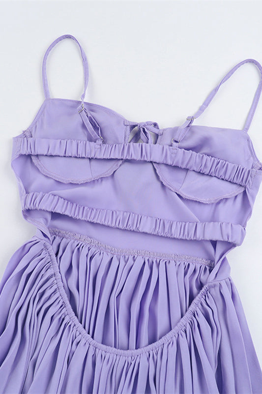 
                      
                        Spaghetti Straps Lilac Pleated Backless Long Dress
                      
                    