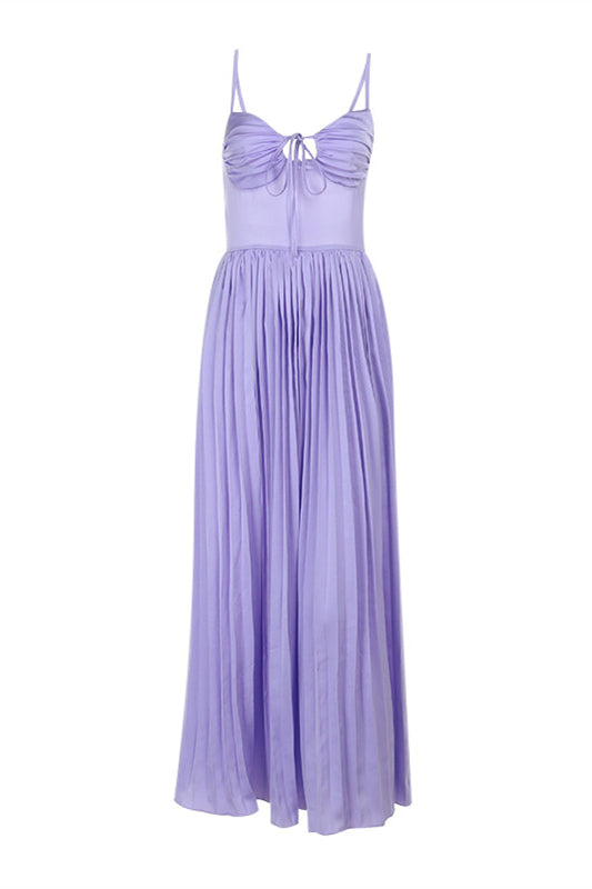 Spaghetti Straps Lilac Pleated Backless Long Dress